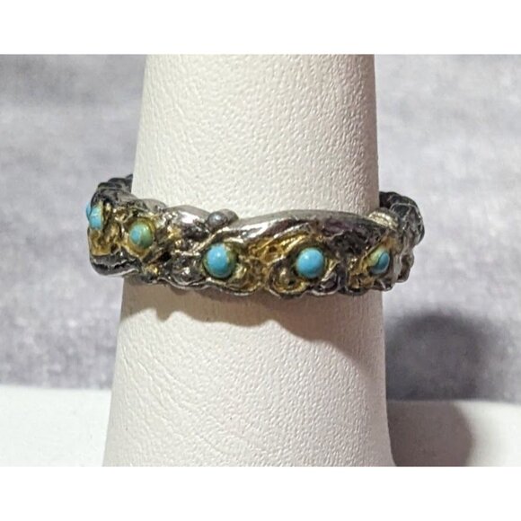 Vintage Whimsical Silver Tone Ring With Tiny Turquoise Accents - Picture 6 of 8